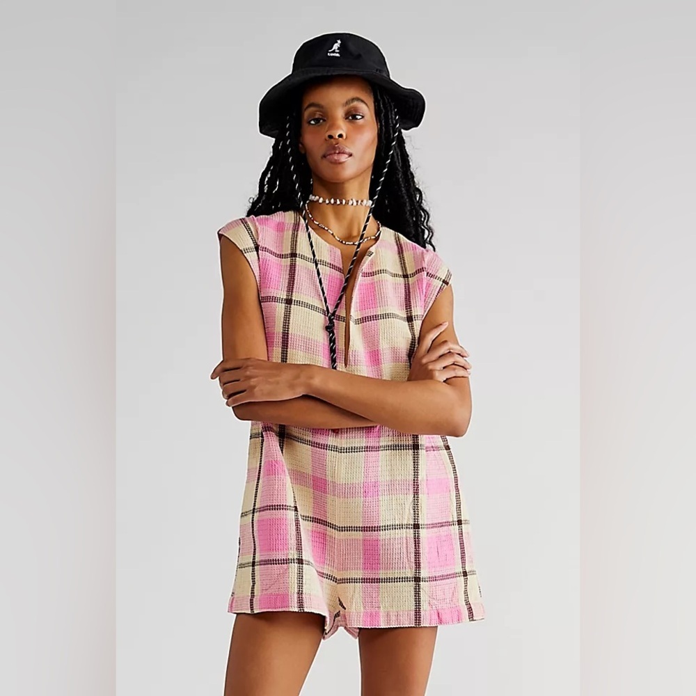 Free People Market Towel Poncho Romper in Plaid Pink Chocolate Combo Sz L